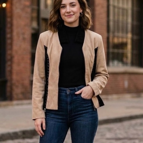 Jessica Jackets & Blazers - Jessica Tan Black Colorblock Zip Up Jacket Velour Suede Blazer Embroidered Chic